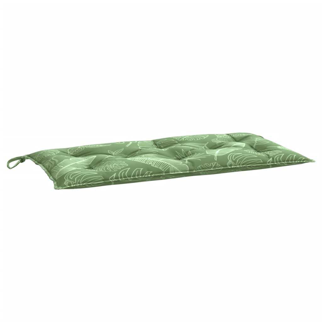 Green leaf-patterned garden bench cushion made of Oxford fabric, measuring 39.4x19.7x2.8 inches.