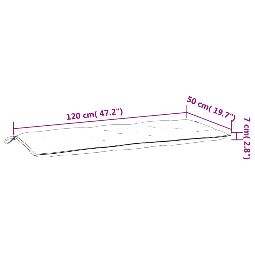 Green Oxford fabric garden bench cushion measuring 47.2 by 19.7 by 2.8 inches with dimensions diagram.