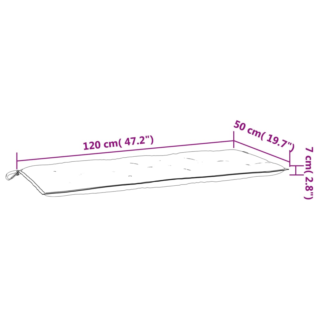 Diagram of a red garden bench cushion measuring 120 cm by 50 cm with 7 cm thickness.