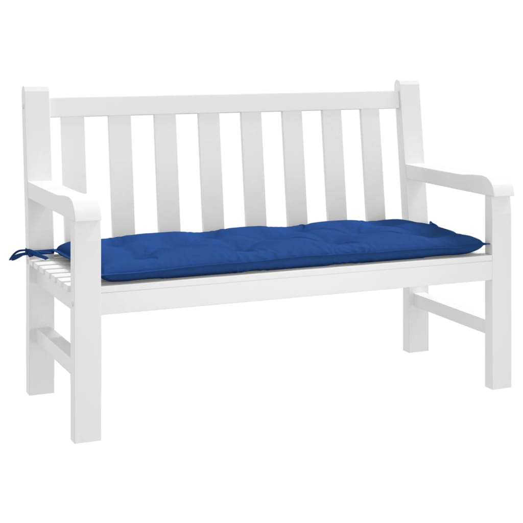 A blue Oxford fabric garden bench cushion, 47.2x19.7x2.8 inches, with ties.