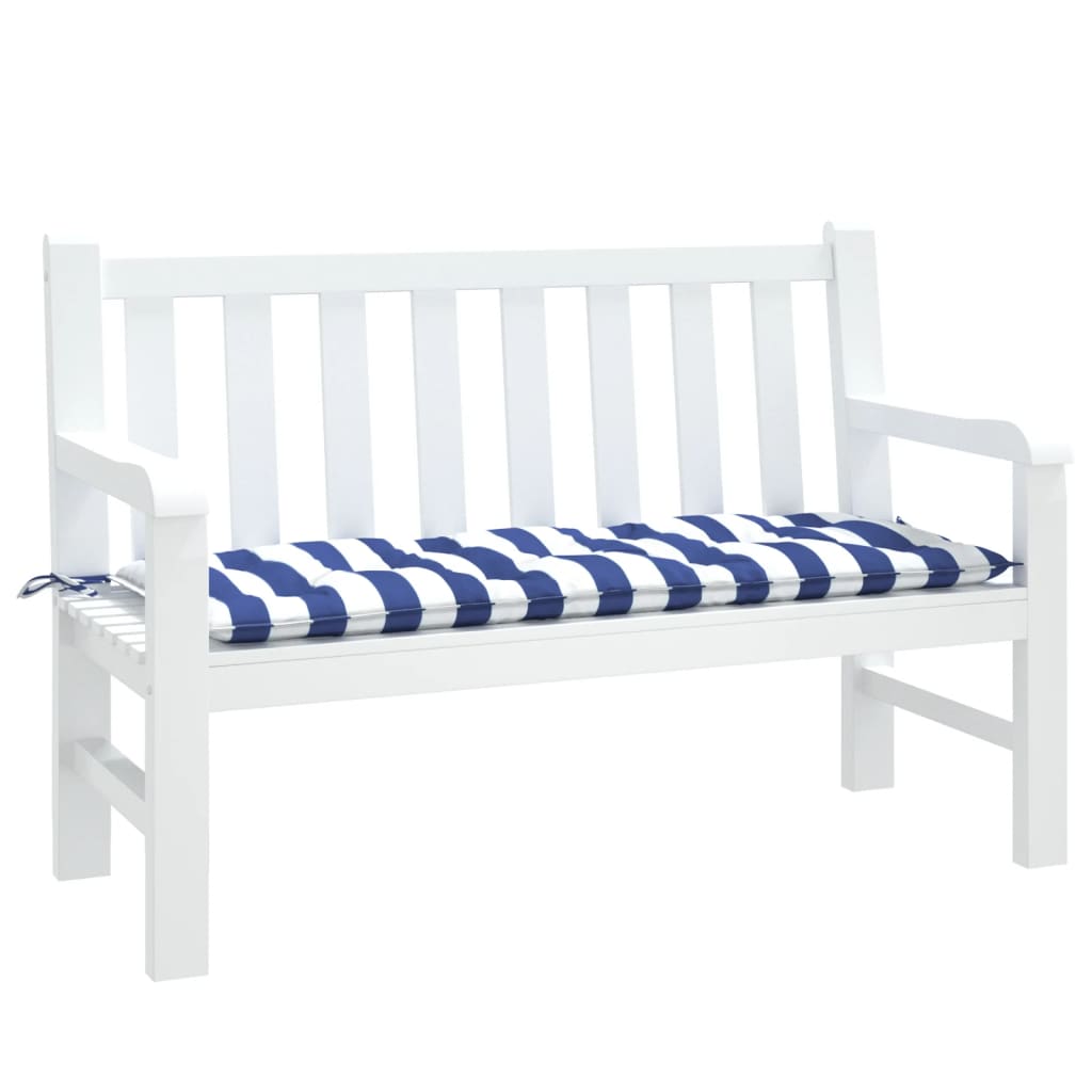 Blue and white striped garden bench cushion, 47.2 x 19.7 x 2.8 inches, with ties.