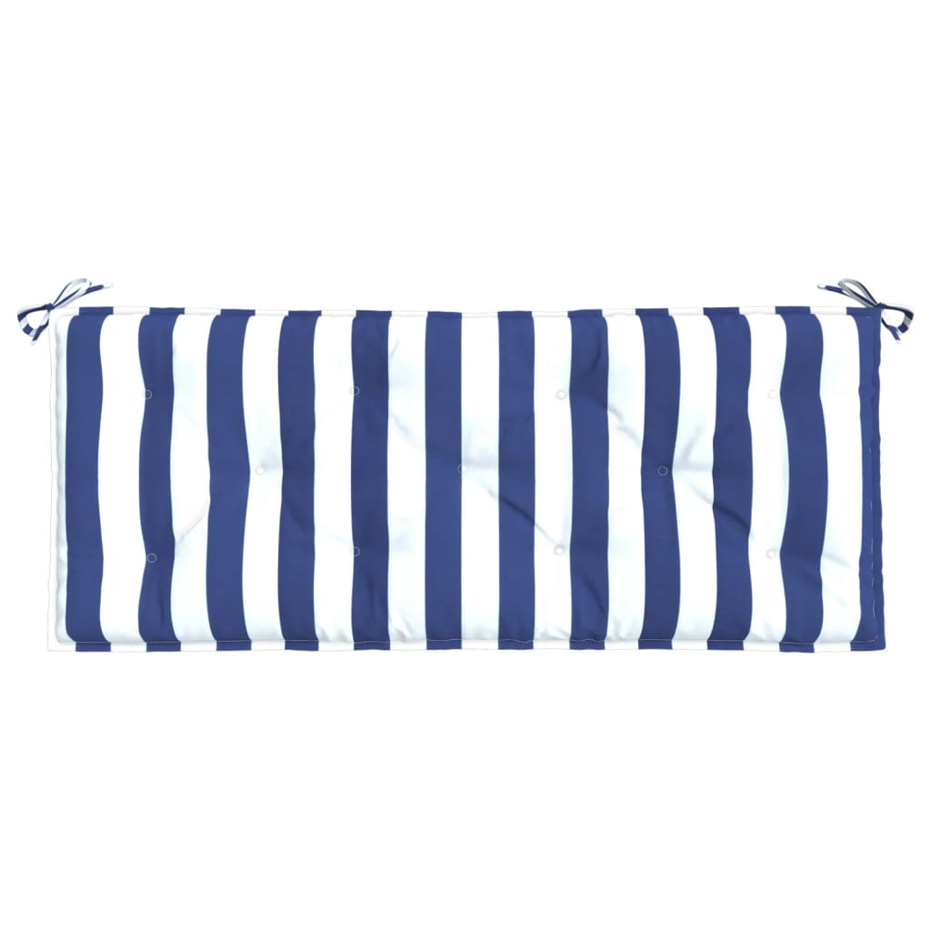 Blue and white striped garden bench cushion, 47.2x19.7x2.8 inches, with ties.