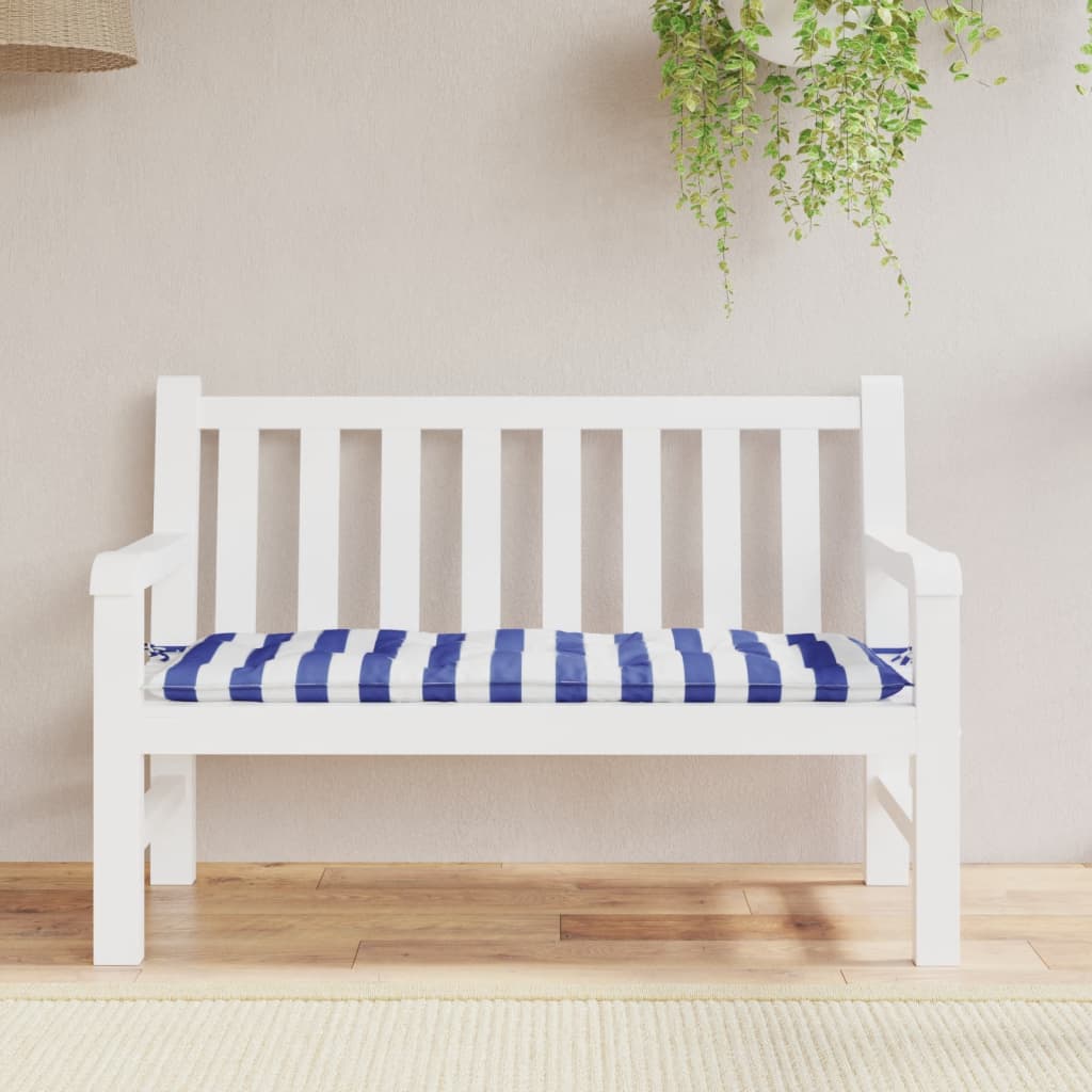 Blue and white striped garden bench cushion, 47.2x19.7x2.8 inches, with ties.