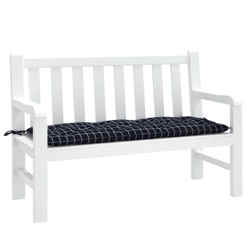 Black check polyester garden bench cushion, 47.2x19.7x2.8 inches, with ties.