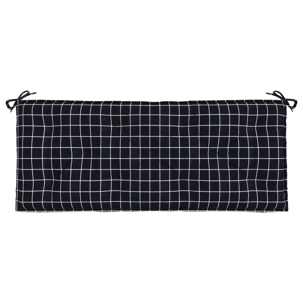 A black and white checkered bench cushion with ties on each end.
