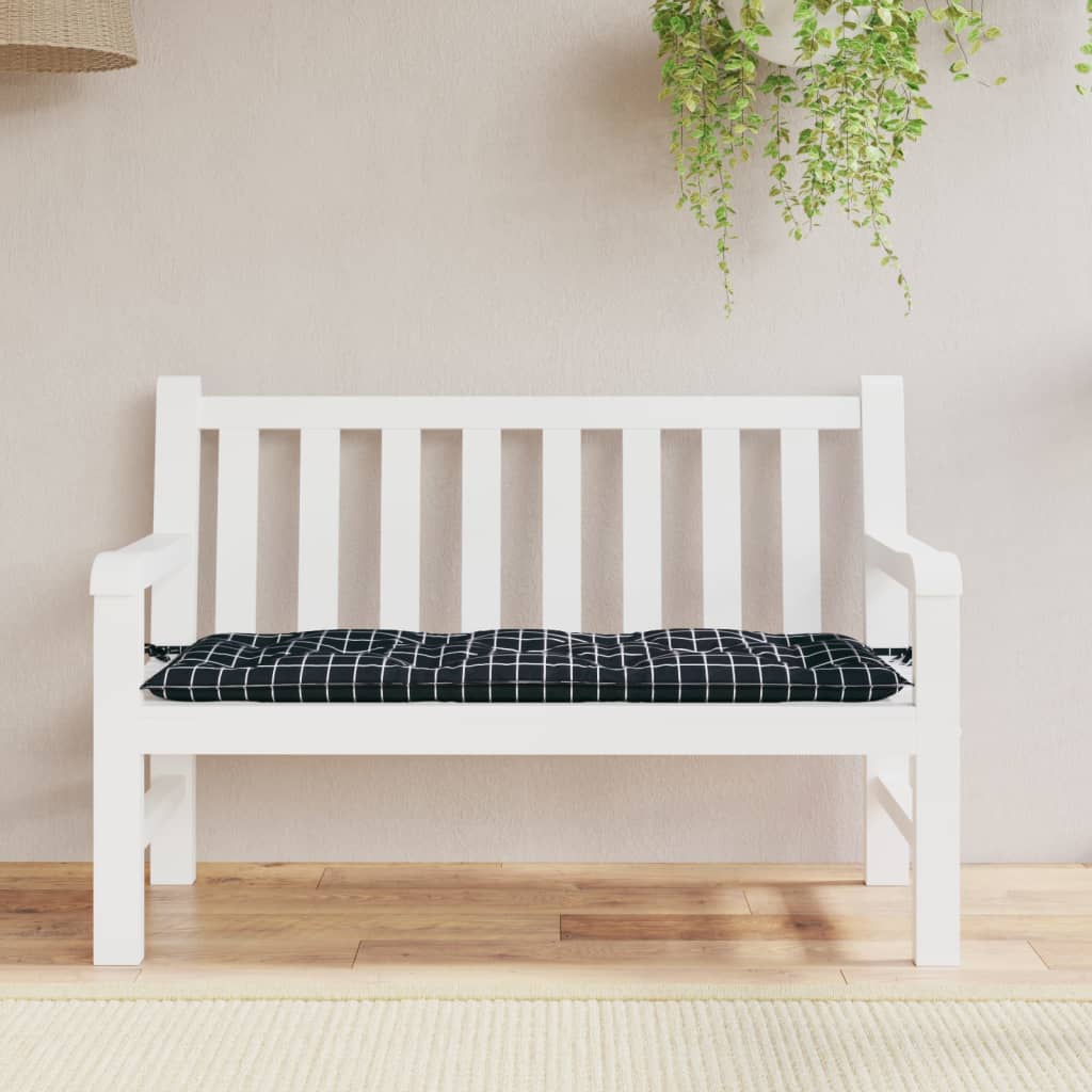 Black check polyester garden bench cushion, 47.2x19.7x2.8 inches, with ties.