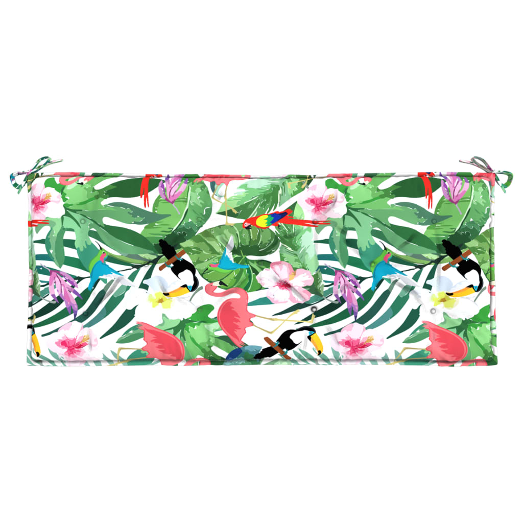 Multicolor fabric garden bench cushion with birds, leaves, and flowers, 47.2x19.7x2.8 inches.