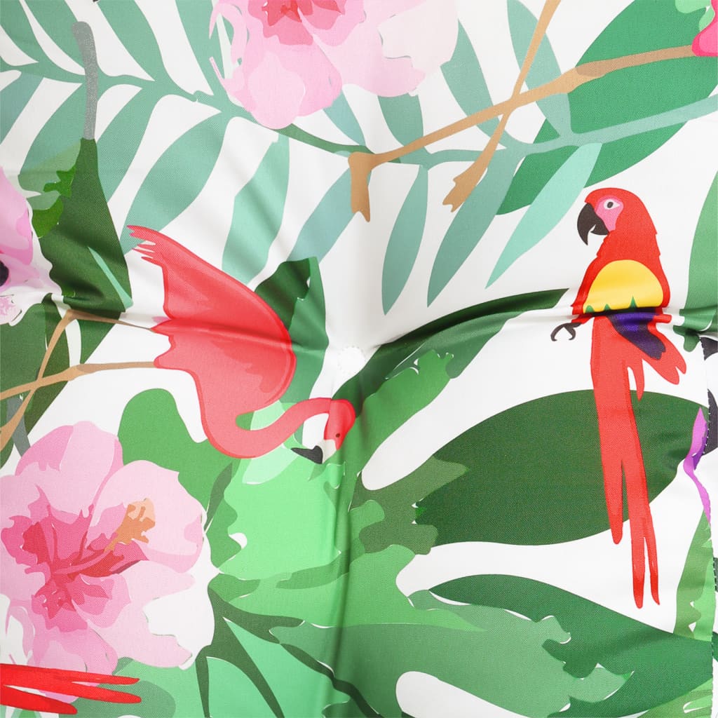 Multicolor garden bench cushion with tropical print of parrots, flamingos, leaves, and flowers.