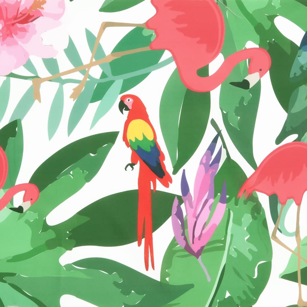 Multicolor garden bench cushion with parrot, flamingo, and floral print.