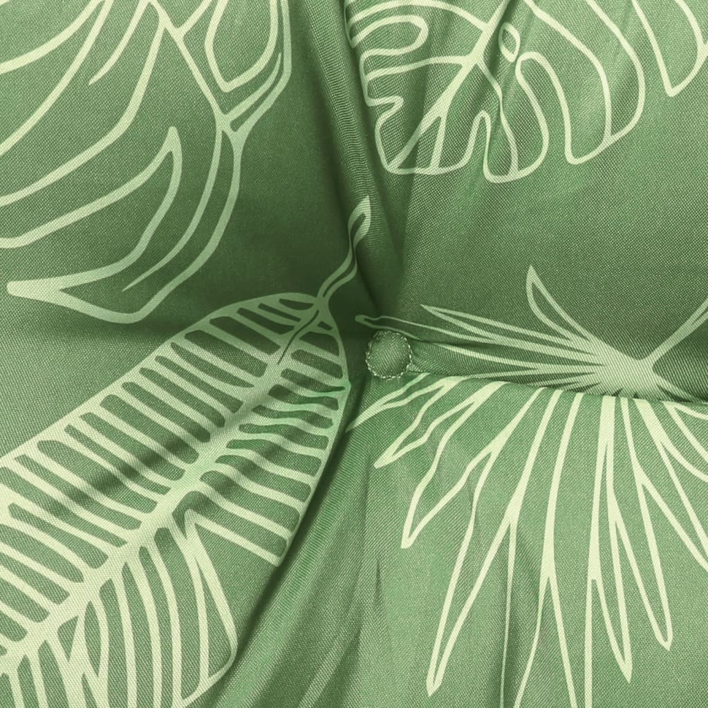 Green polyester garden bench cushion with white leaf pattern and ties.