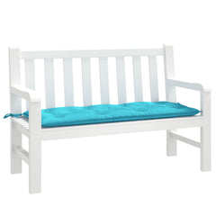 Turquoise polyester garden bench cushion, 47x20x3 inches, with tie ropes.