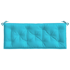 Turquoise polyester garden bench cushion, 47x20x3 inches, with ties and tufting.