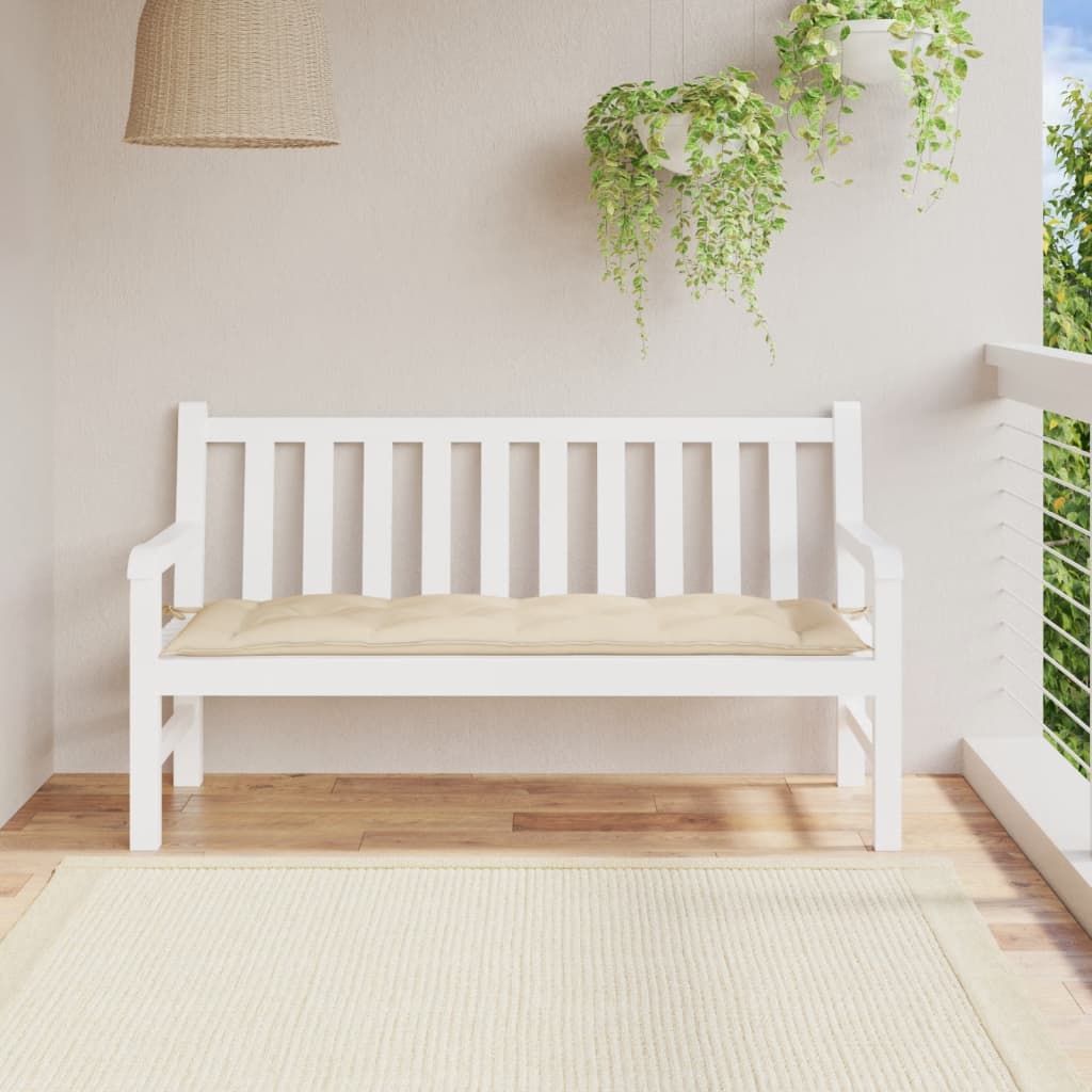 Beige Oxford fabric garden bench cushion, 59x20x3 inches, with ties.
