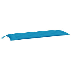 Light blue garden bench cushion in Oxford fabric, 59x20x3 inches, with ties.