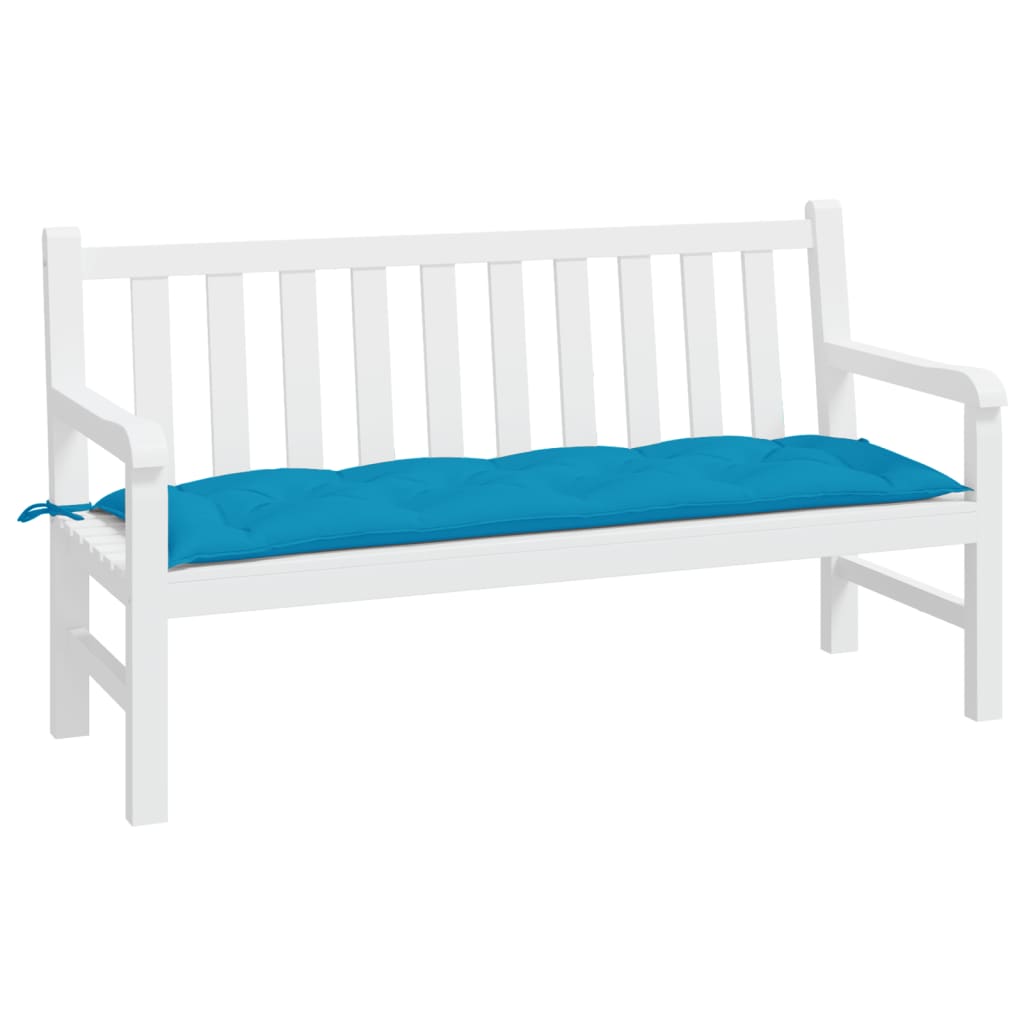 Light blue Oxford fabric garden bench cushion, 59x20x3 inches, with ties.