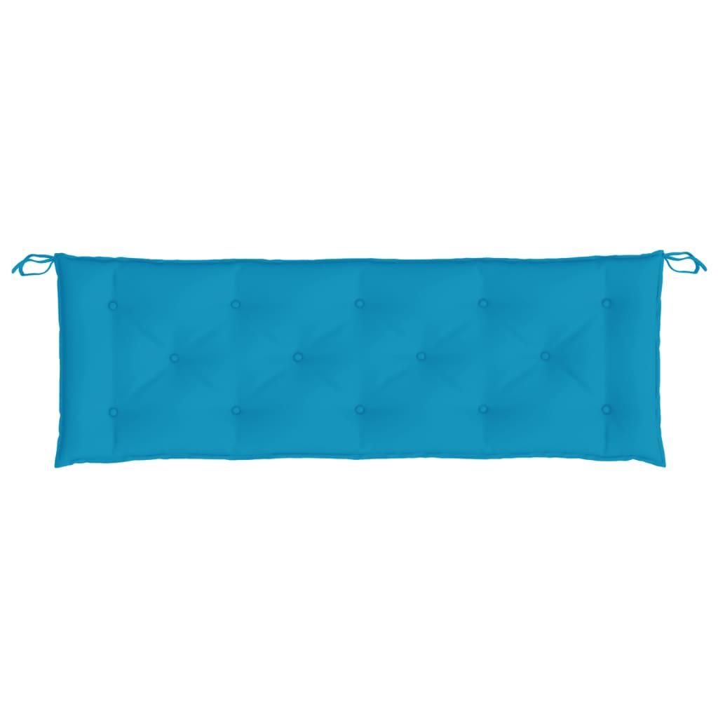 Light blue garden bench cushion in Oxford fabric, 59x20x3 inches, with ties.