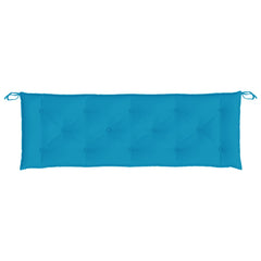 Light blue garden bench cushion in Oxford fabric, 59x20x3 inches, with ties.
