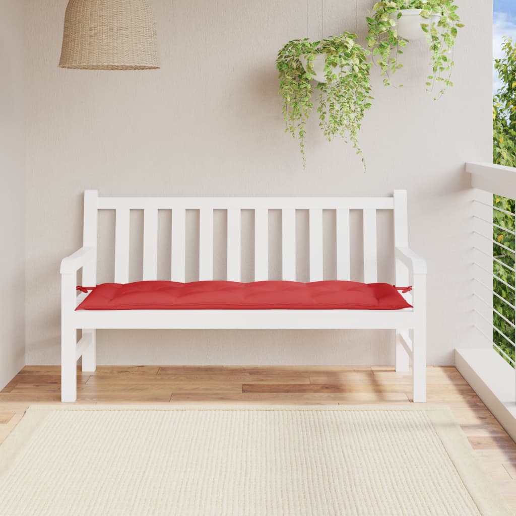Red Oxford fabric garden bench cushion, 59x20x3 inches, with ties.