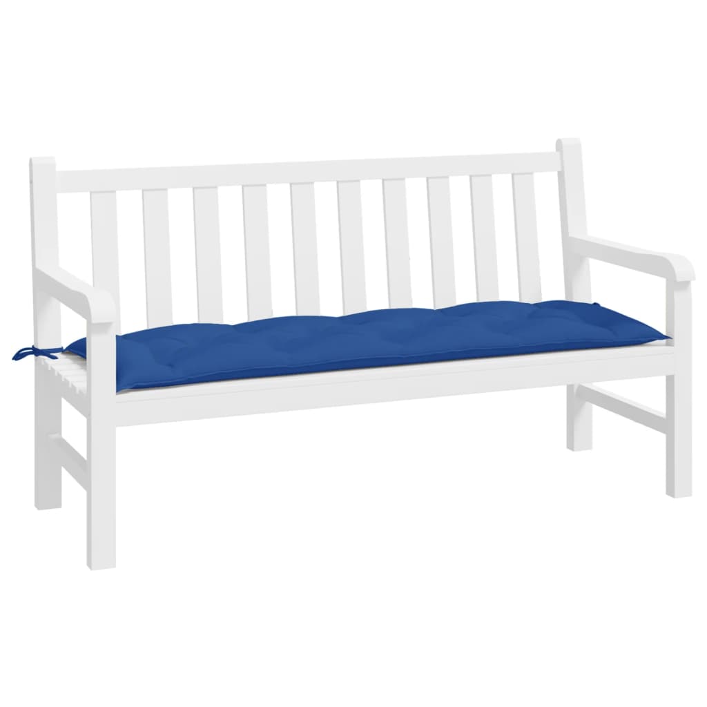 A royal blue Oxford fabric garden bench cushion, 59x20x3 inches, with tie-down ropes.