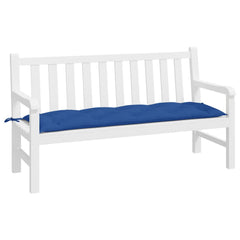 A royal blue Oxford fabric garden bench cushion, 59x20x3 inches, with tie-down ropes.