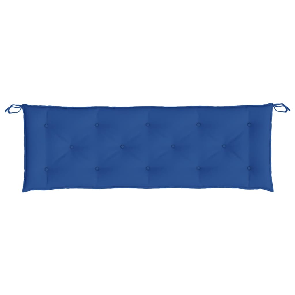 Royal blue garden bench cushion in Oxford fabric, 59x20x3 inches, with ties.