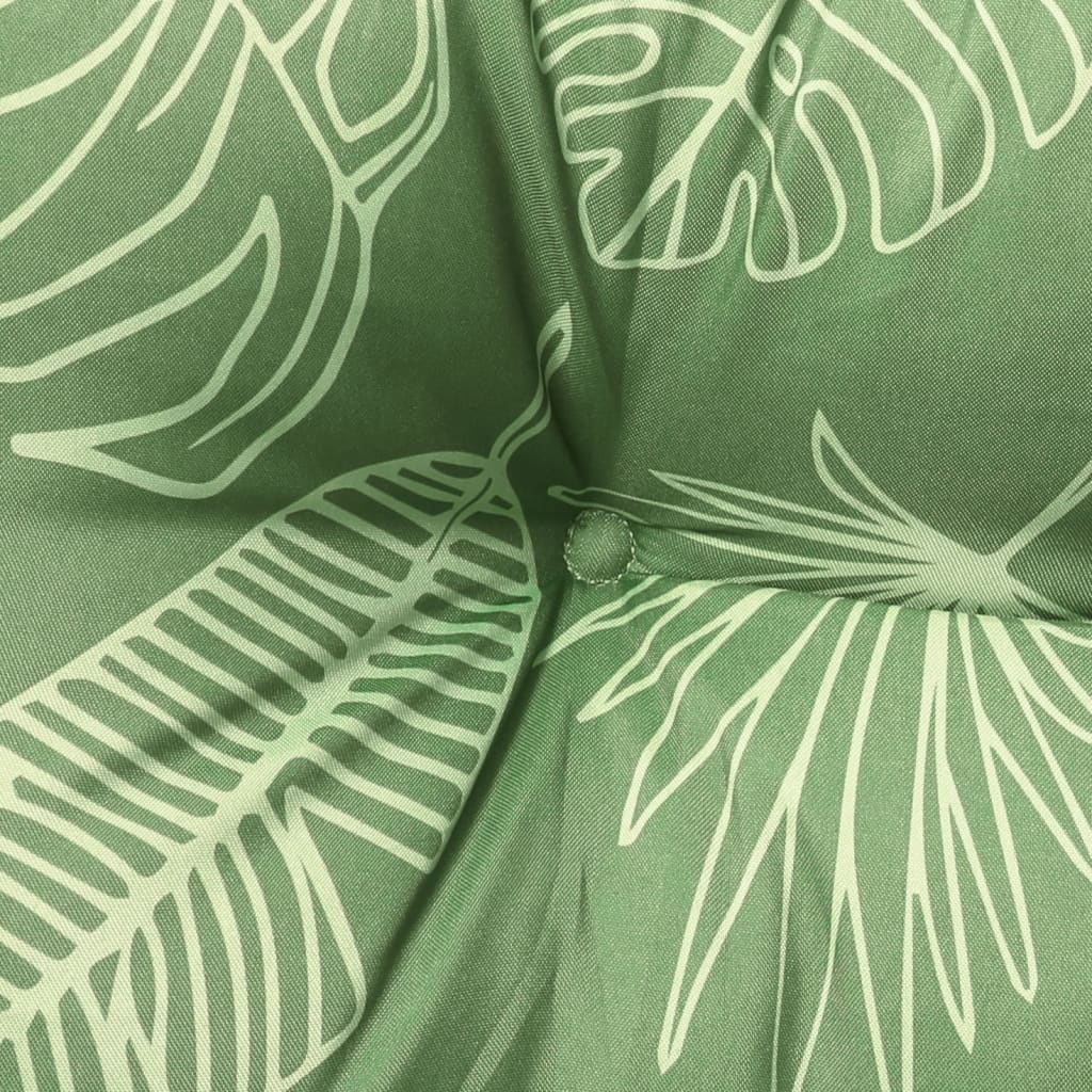 Green garden bench cushion with white leaf pattern and button tufting on Oxford fabric.