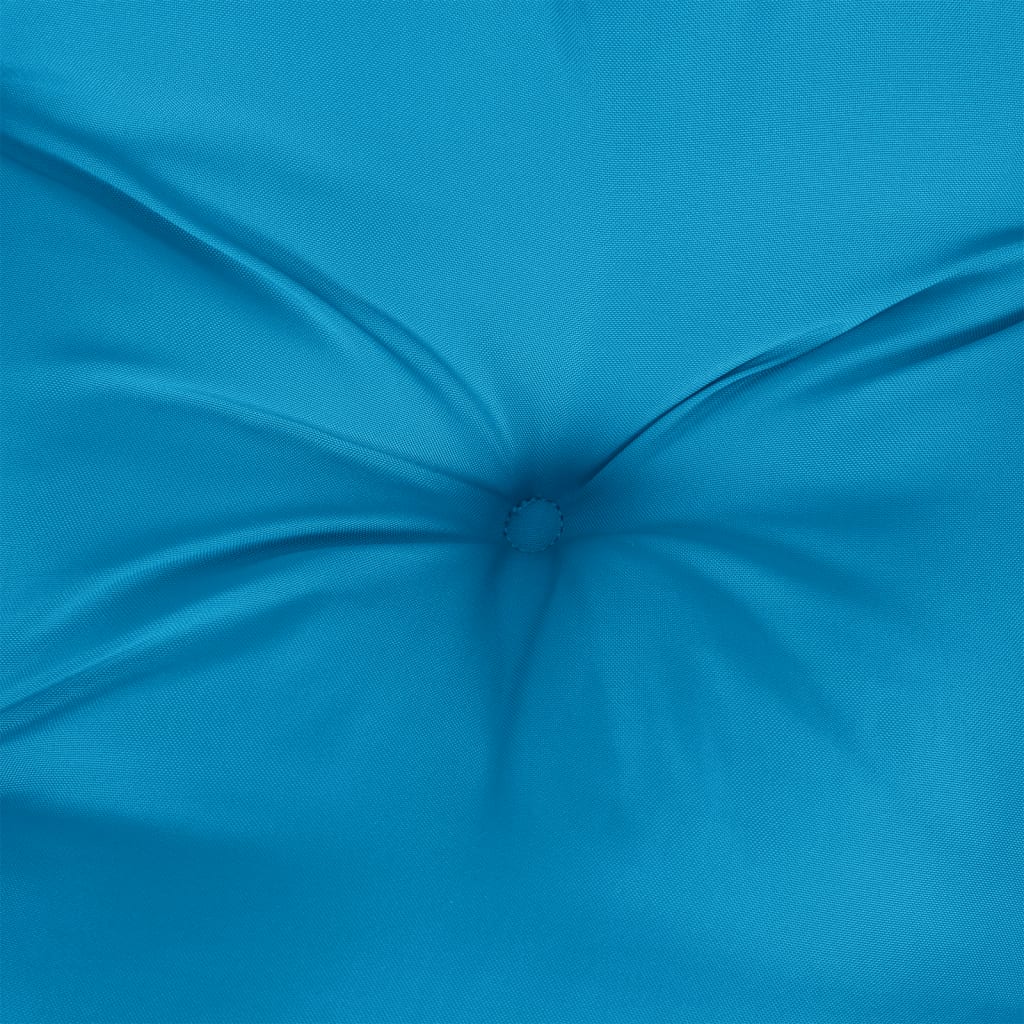 Light blue garden bench cushion in Oxford fabric with tufted center and non-slip ropes.