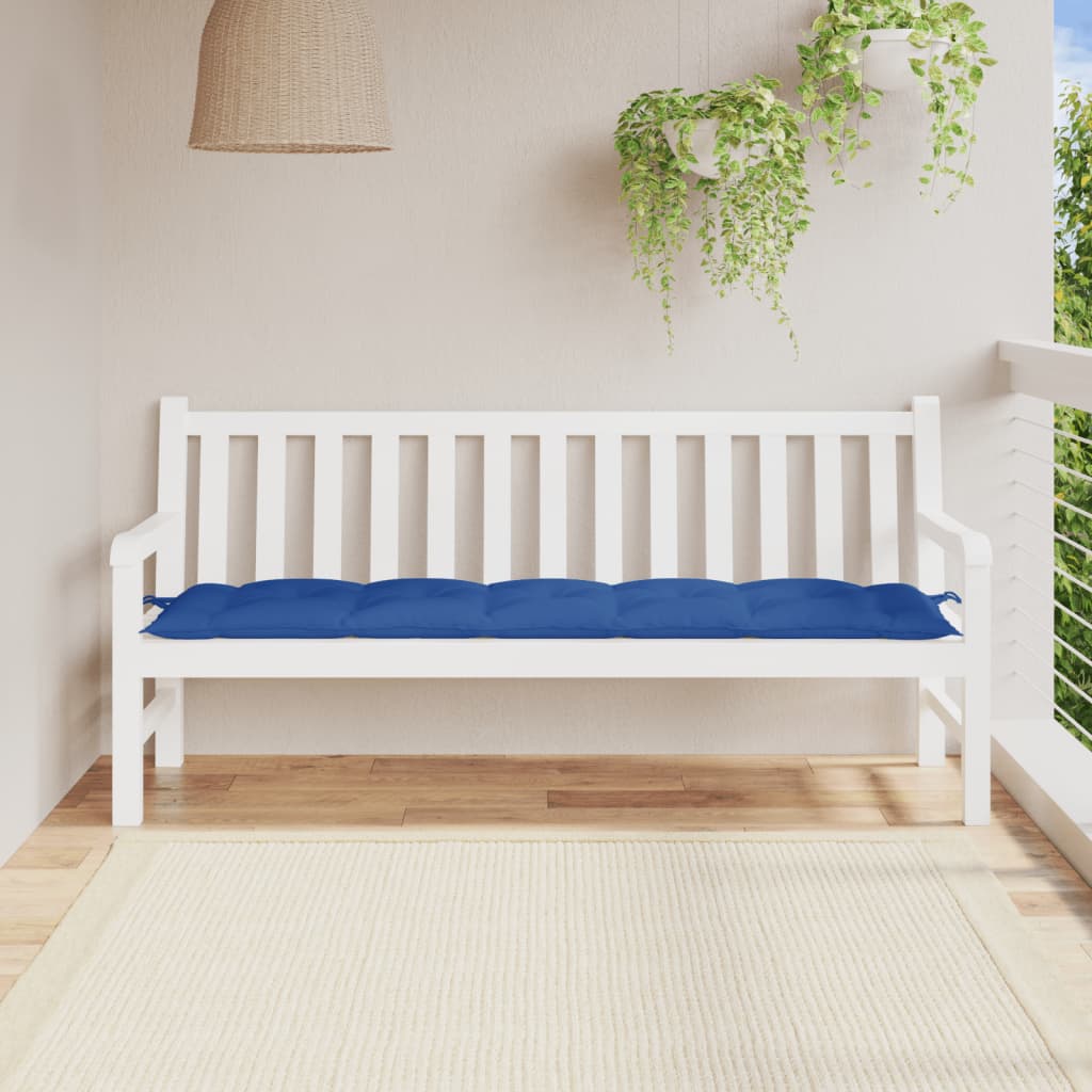 A royal blue Oxford fabric garden bench cushion, 70.9x19.7x2.8 inches, with non-slip ropes.