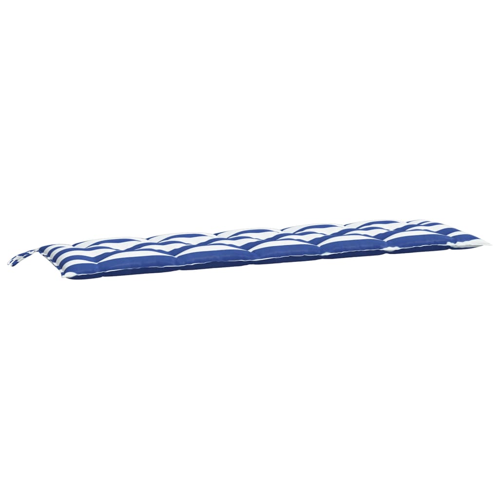 Blue and white striped garden bench cushion made of durable, water-resistant Oxford fabric.