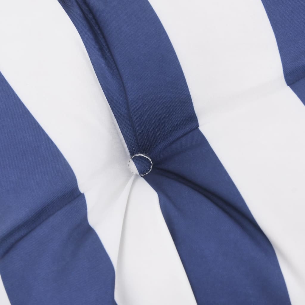 Blue and white striped garden bench cushion made of durable, water-resistant Oxford fabric.