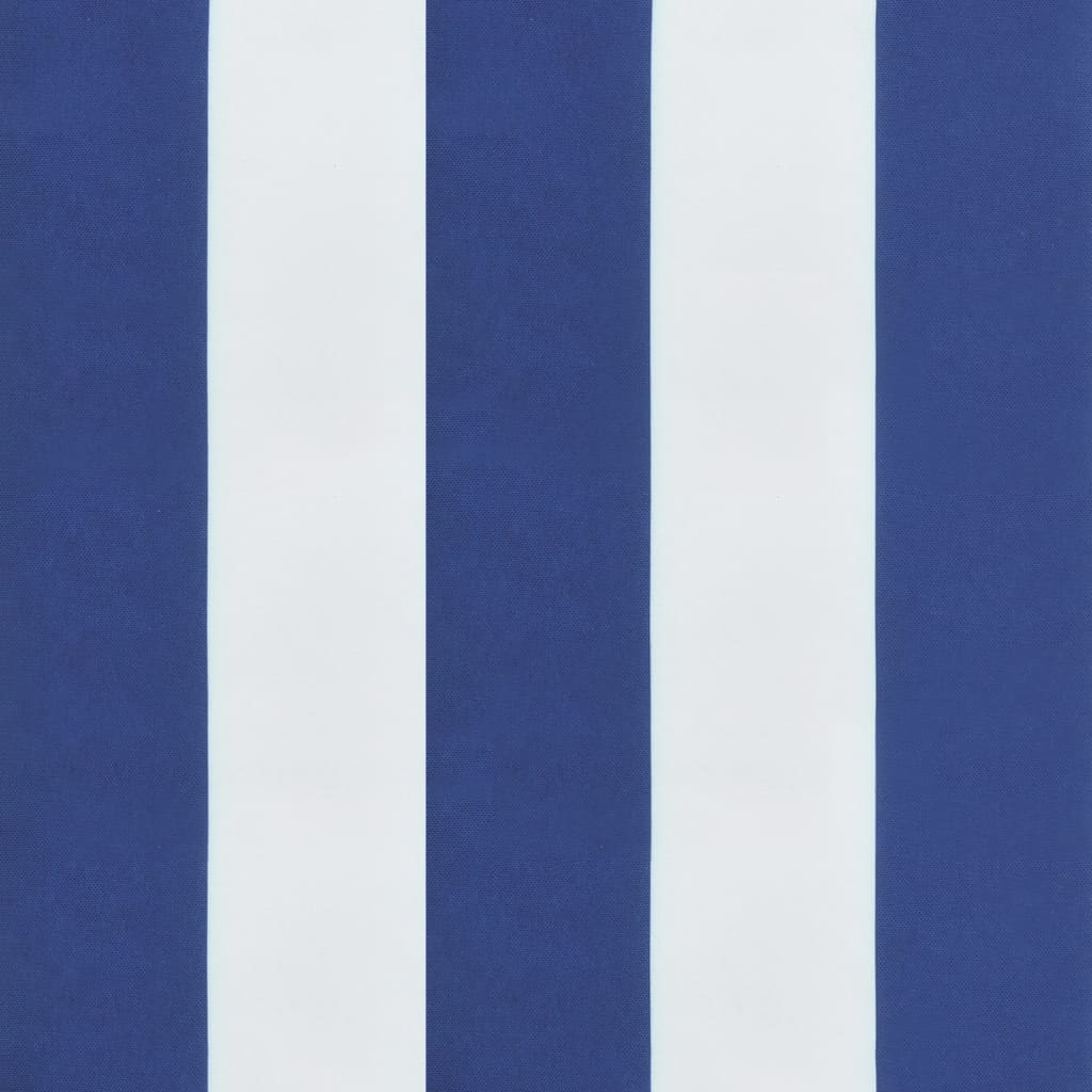 Blue and white striped garden bench cushion made of durable, water-resistant Oxford fabric.