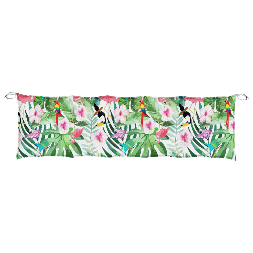 Multicolor garden bench cushion with tropical birds, flowers, and leaves print on Oxford fabric, 70.9x19.7x2.8 inches.