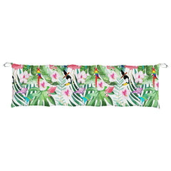 Multicolor garden bench cushion with tropical birds, flowers, and leaves print on Oxford fabric, 70.9x19.7x2.8 inches.
