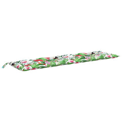 A long, rectangular garden bench cushion with a tropical bird and floral pattern.