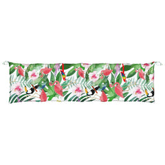 Multicolor garden bench cushion with tropical birds, leaves, and flowers pattern, 78.7x19.7x2.8 inches, polyester.