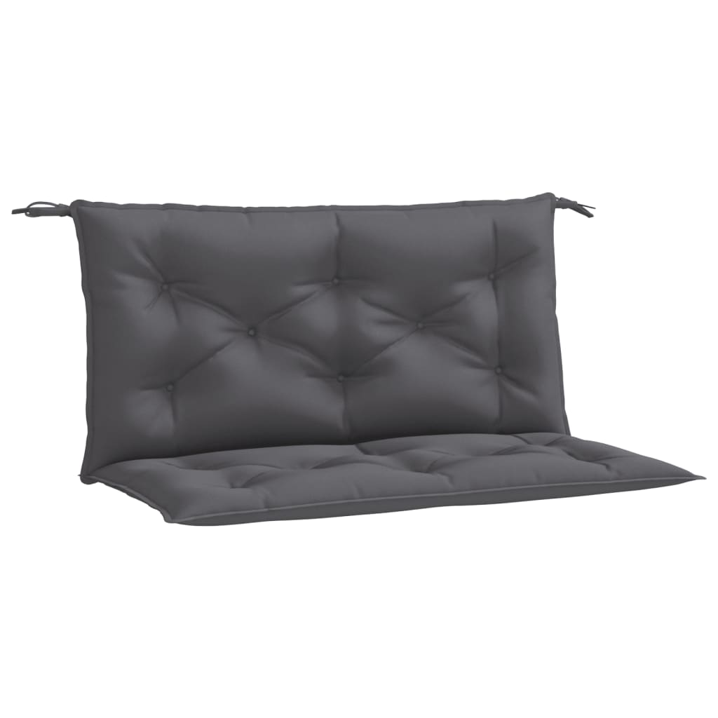 Two anthracite grey Oxford fabric garden bench cushions with tufted design and corner ties.