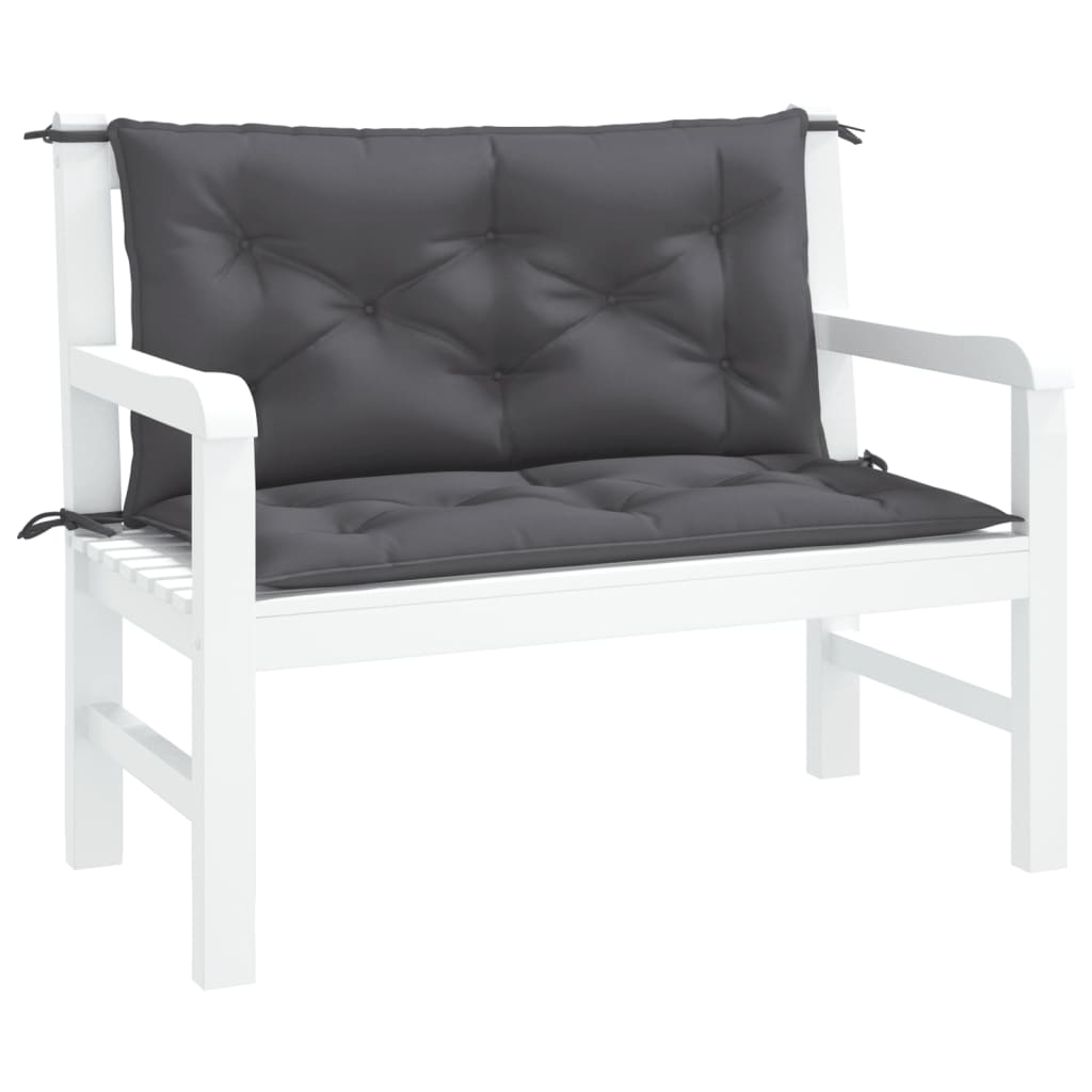 Two anthracite grey Oxford fabric garden bench cushions with ties, for a white wooden bench.