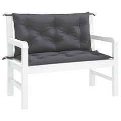 Two anthracite grey Oxford fabric garden bench cushions with ties, for a white wooden bench.