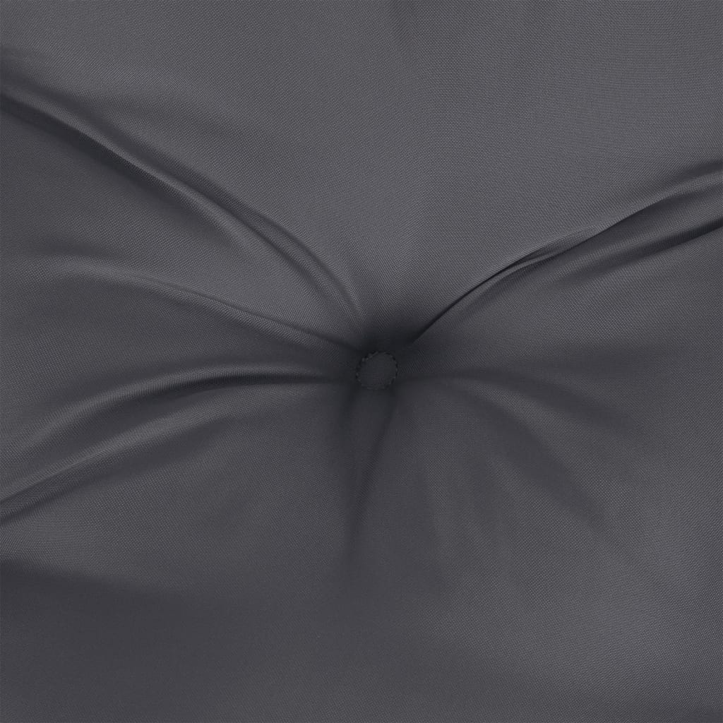 A close-up of a dark gray tufted cushion made of Oxford fabric.