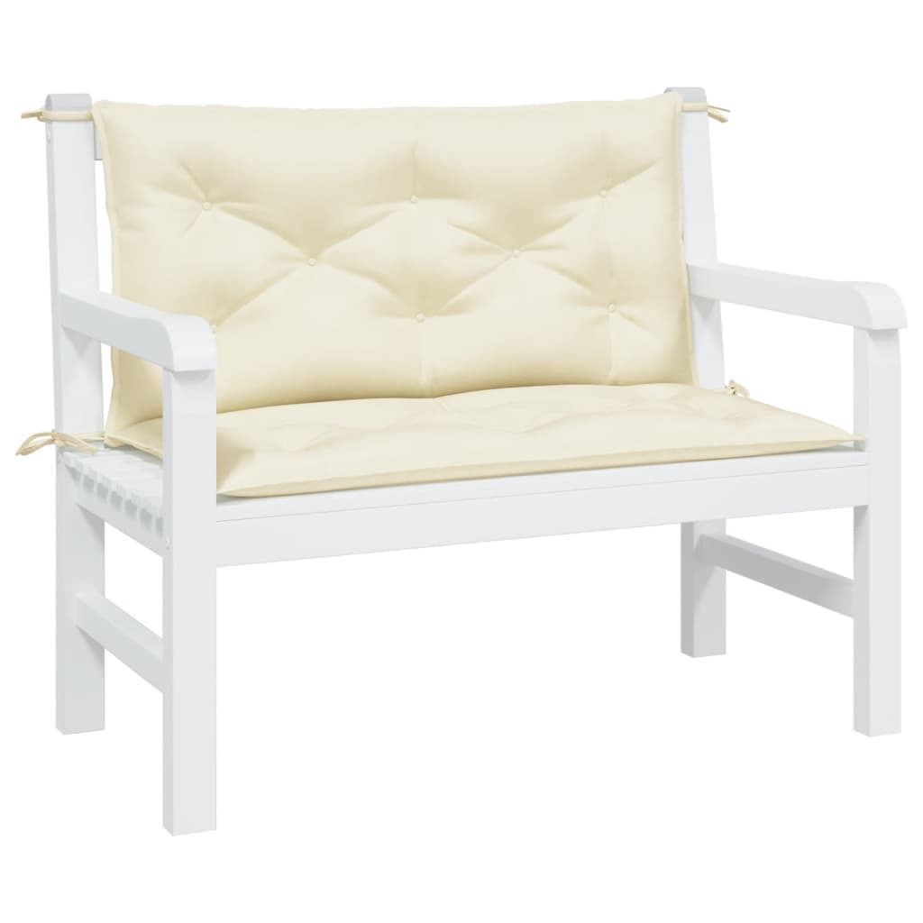 Two cream Bostome garden bench cushions with tufted Oxford fabric and ties, sized 39.4x19.7x2.8 inches.