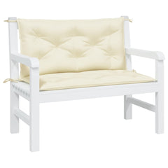 Two cream Bostome garden bench cushions with tufted Oxford fabric and ties, sized 39.4x19.7x2.8 inches.