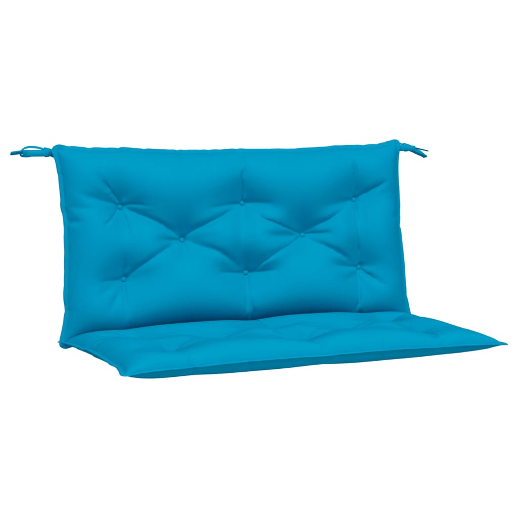 Light blue Oxford fabric garden bench cushion with tufted design and ties, shown isolated.