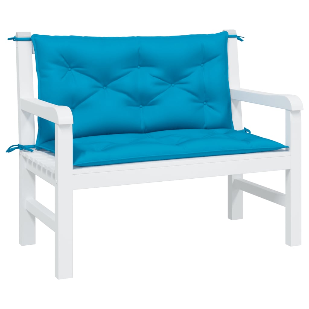 Two light blue Oxford fabric cushions with ties for a garden bench.