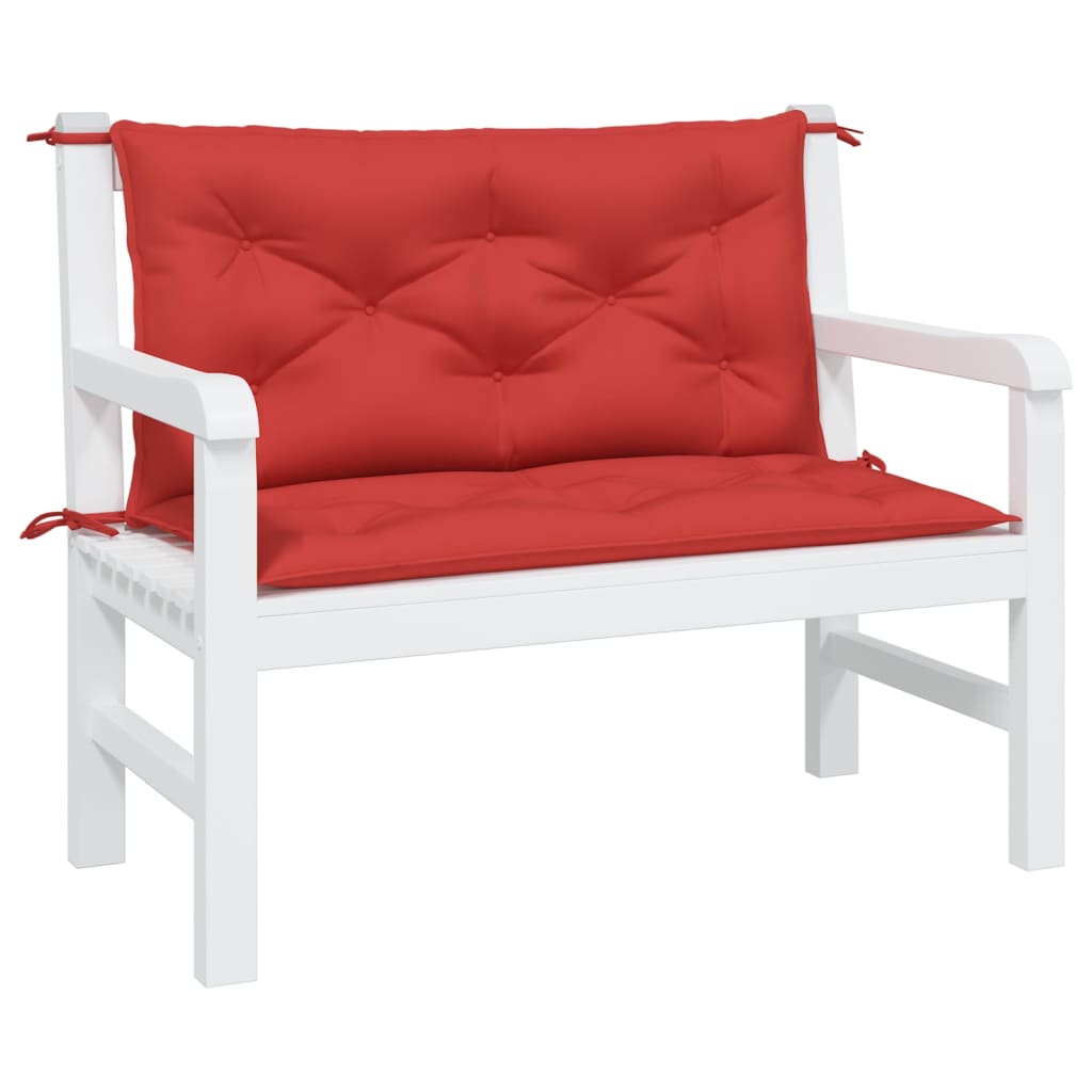 Two red Oxford fabric garden bench cushions with ties, sized 39.4x19.7x2.8 inches.