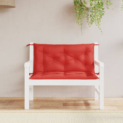 Two red Oxford fabric garden bench cushions with ties, sized 39.4x19.7x2.8 inches, on a white wooden bench.