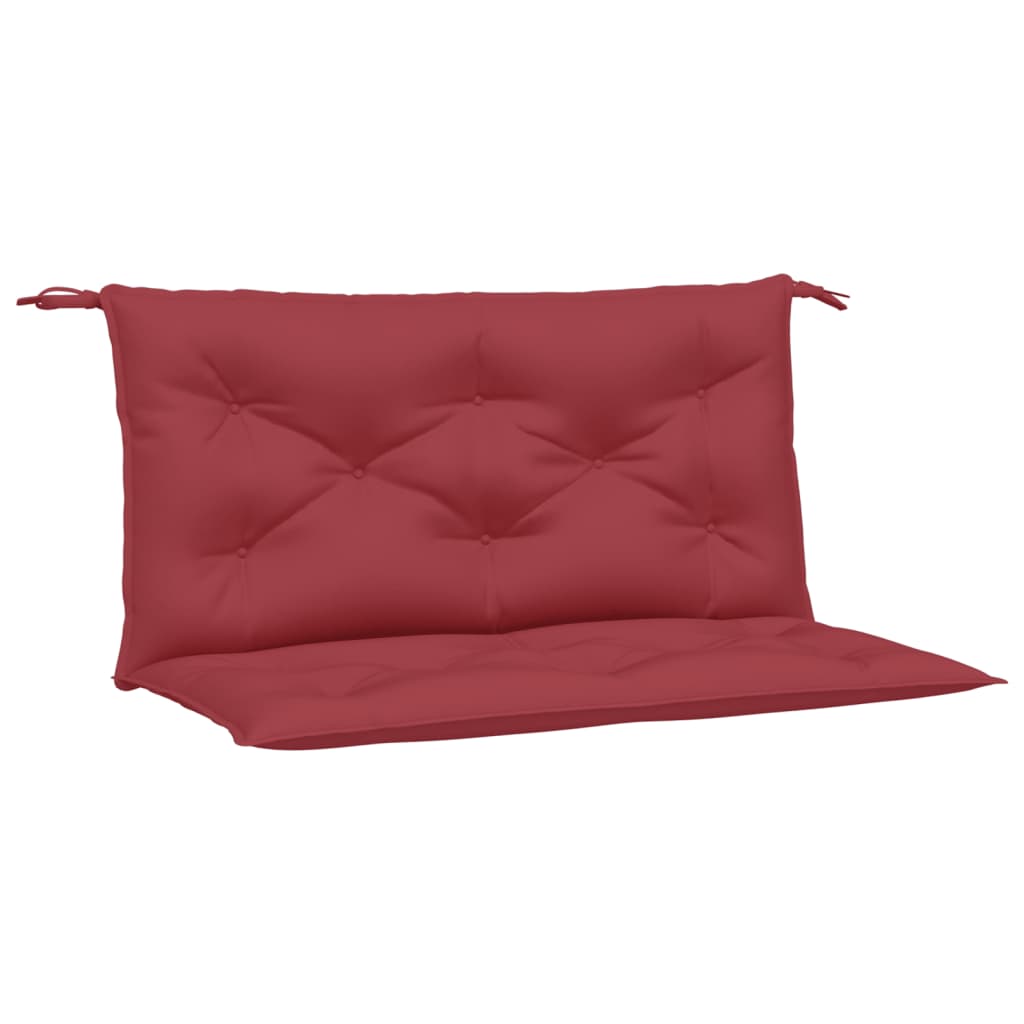 Two wine red Oxford fabric garden bench cushions with tufted design and ties.