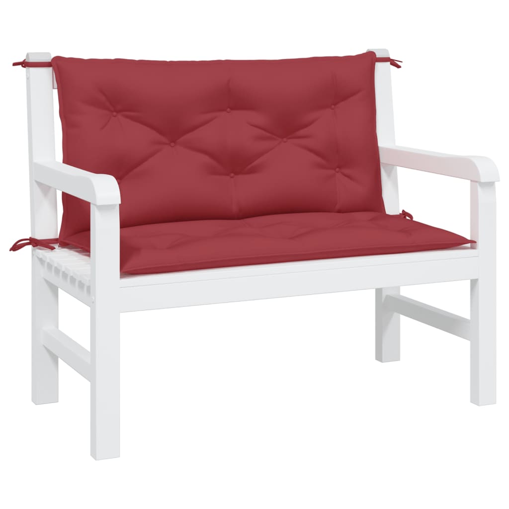 Two wine red Oxford fabric garden bench cushions with ties, 39.4" x 19.7" each.