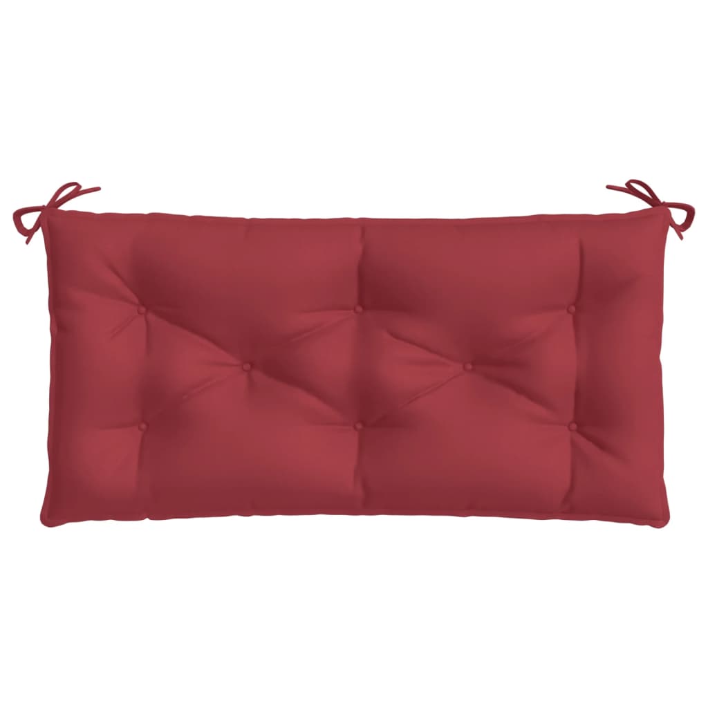 Two wine red Oxford fabric garden bench cushions with tufted design and ties.