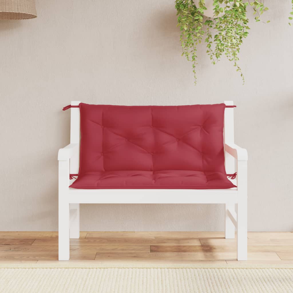 Two wine red Oxford fabric bench cushions with ties, sized 39.4 by 19.7 inches.