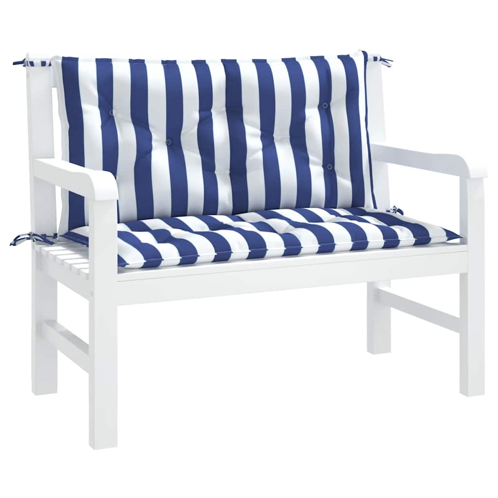 Two-piece blue and white striped garden bench cushions with ties, 39.4x19.7x2.8 inches.